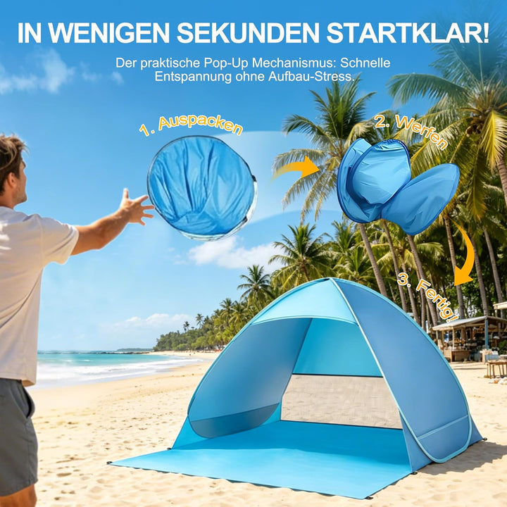 XXL Strandmuschel Pop Up für 3 Erwachsene oder 5 Kinder (200x165x130cm) - Silberbeschichtetes Strand