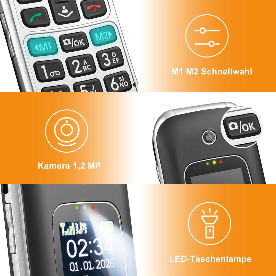 Melefon 4G Flip Handy für ältere Menschen, Telefon mit grosser Taste, lauter Lautstärke, 2,4+1,44 Zo
