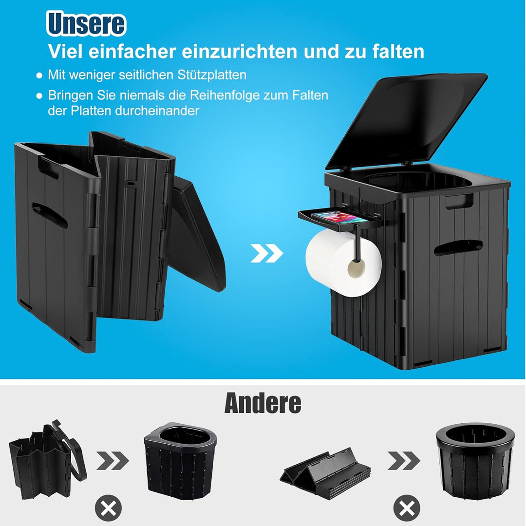 WADEO Tragbare Campingtoilette mit Deckel, 39 cm hohe Mobile Toilette mit 12 Stück Toilettenbeutel,