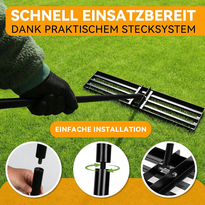 Warmfay Rasenrechen 45x25 cm inkl. 2M Verstellbarem Metallstiel mit Gewinde-Verschraubungssystem, Ha