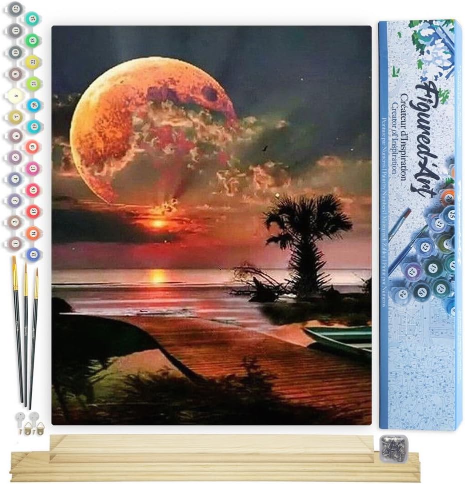 Figured'Art Malen Nach Zahlen Erwachsene Mit Rahmen Meer und Grosser Mond - Paint by Numbers Basteln