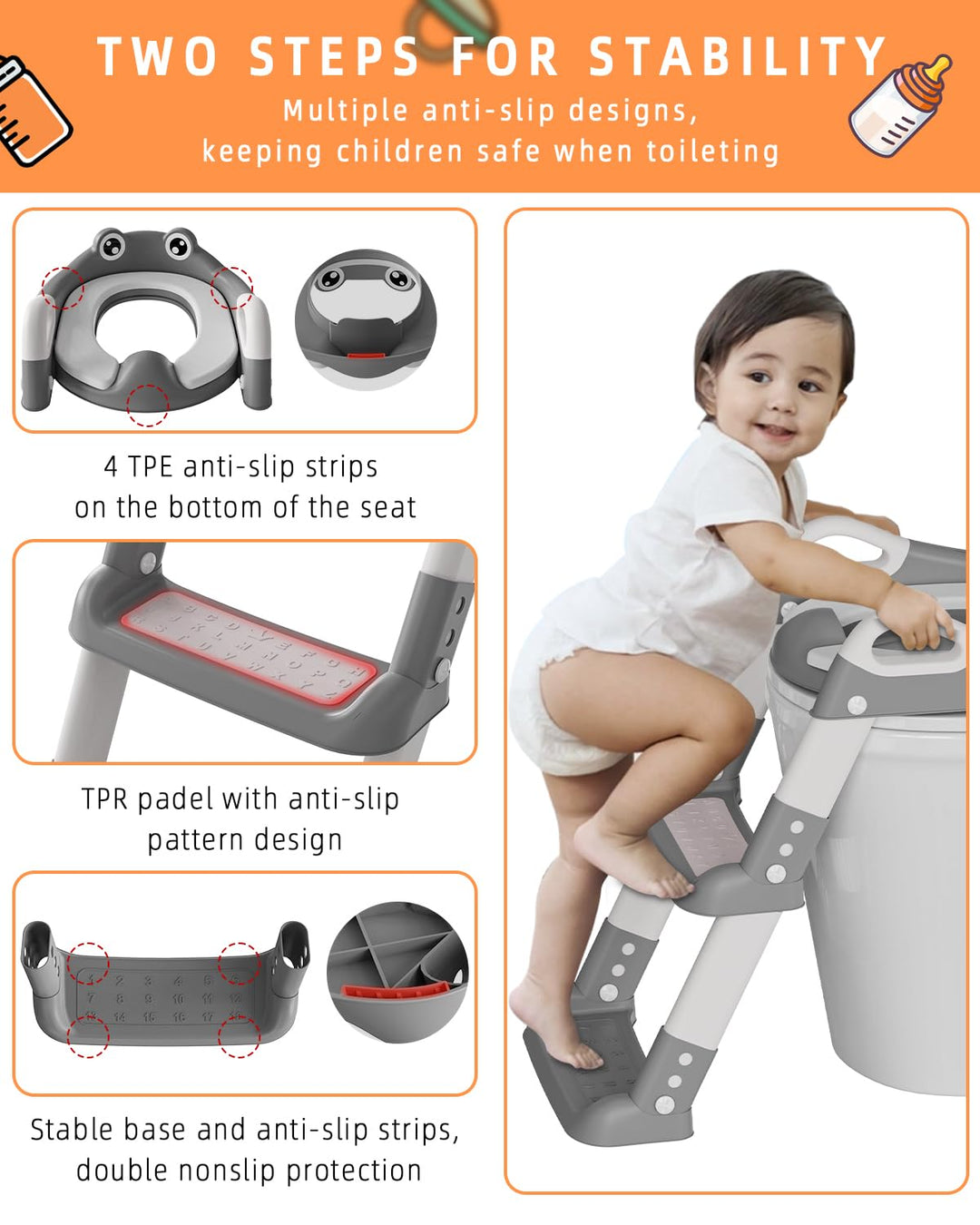 Toilettensitz Kinder mit Treppe, Toilettentrainer für Kinder, WC Sitz mit PU Gepolsterter, Höhenvers