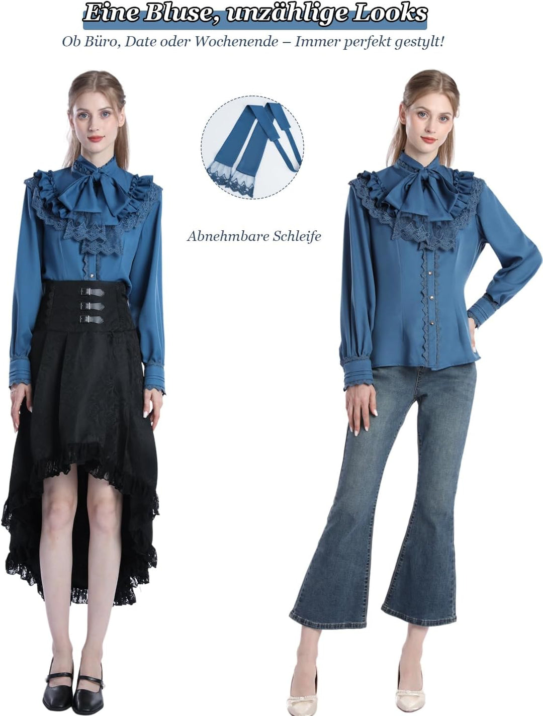 Fiamll Damen Viktorianisch Bluse Vintage Schleifenhemd Stehkragen mit Rüschen Langarmshirt Mittelalt