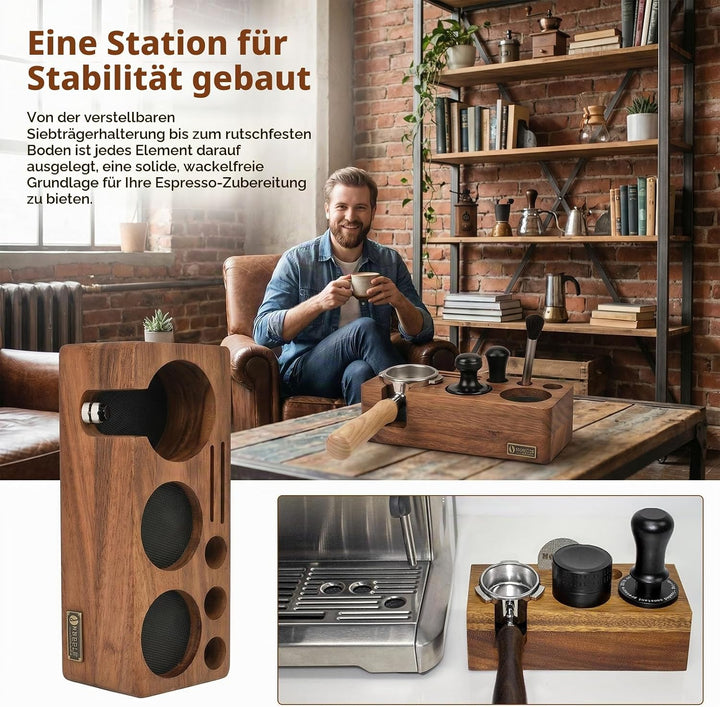 Espresso Tamperstation 58mm Tamperstation mit Abklopfbehälter Holz | Coffee Tamping Station 5 Steckp