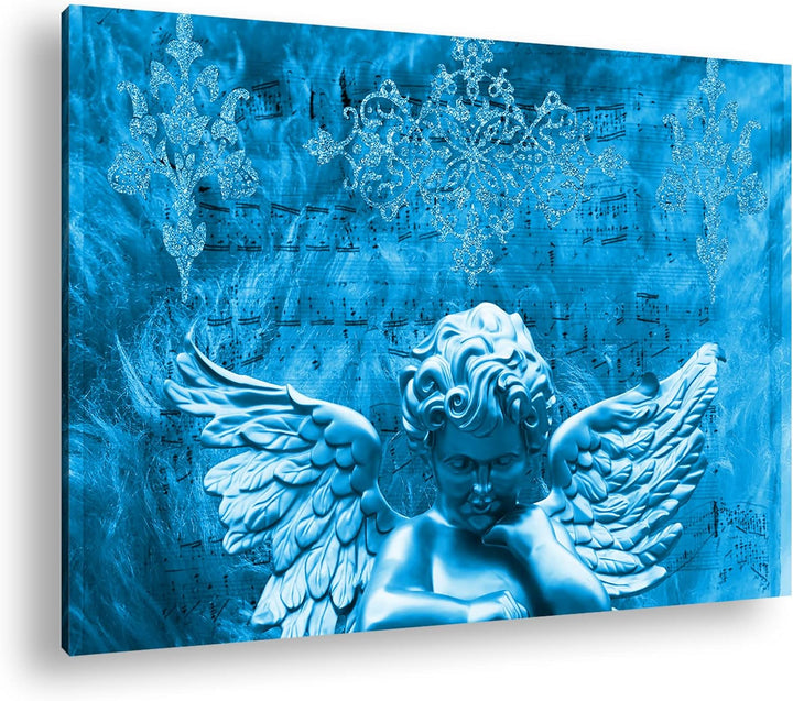 deyoli goldene Engelsstatur Format 80x60 Effekt: Monocrome Blau als Leinwandbild, Motiv fertig gerah