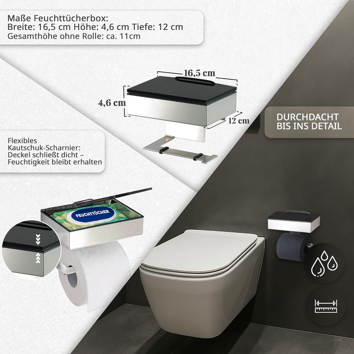 Toilettenpapierhalter mit Feuchttücherbox - Gehäuse Matt & Abdeckung Glas Schwarz - befüllbar von Re