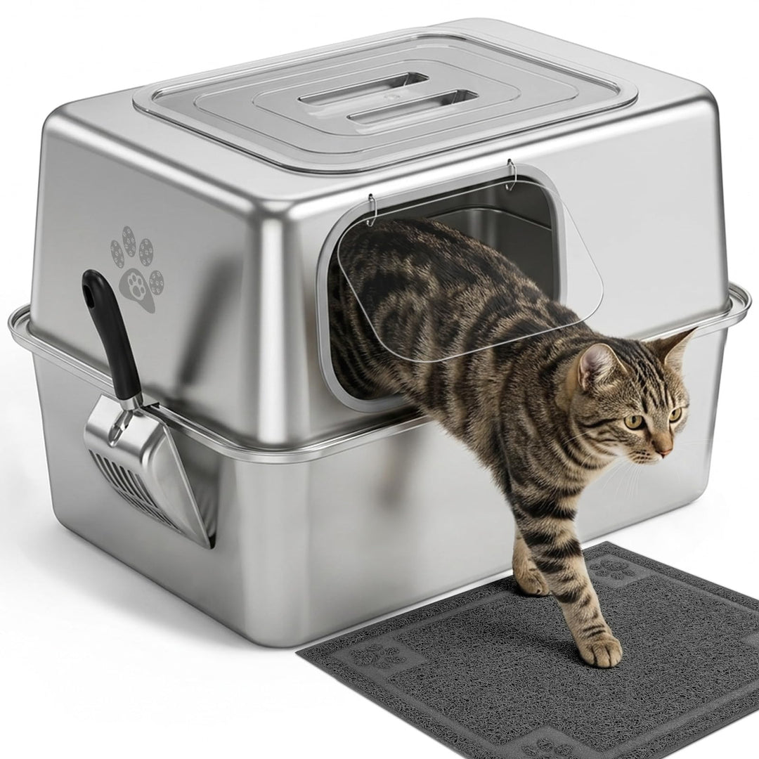 PTLOM XXL Katzenklo Edelstahl, Auslaufsicheres Katzenklo mit Deckel, grossem Metall-Streubehälter, G