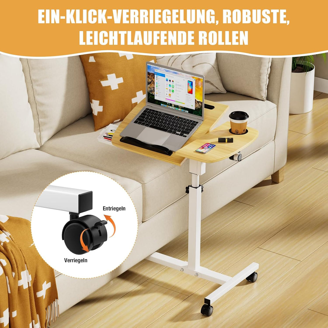 Laptoptisch höhenverstellbar, Mobiler Beistelltisch mit Schubladen, Mobiler Stehpult mit rollbar, Be