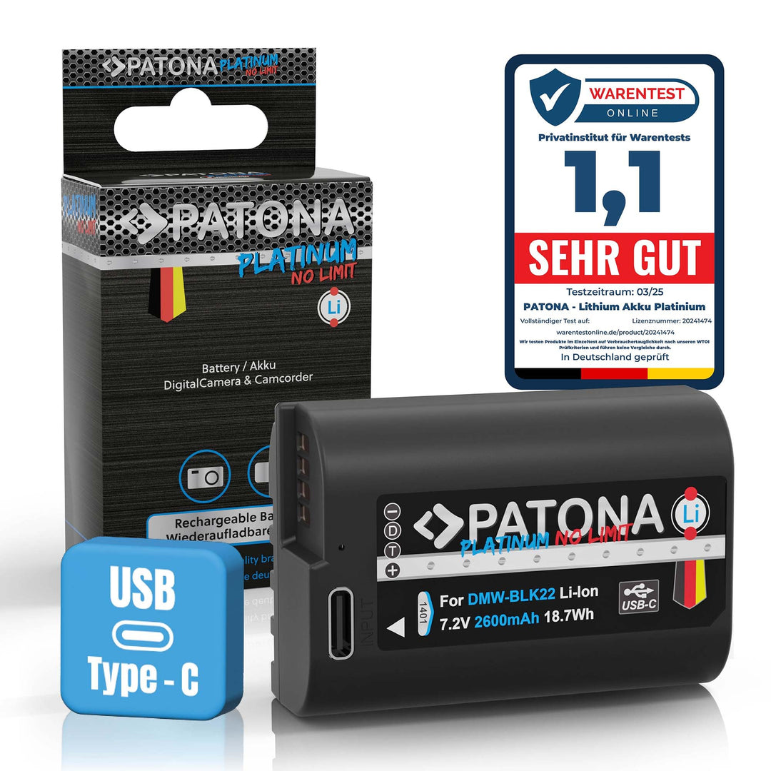 PATONA Platinum DMW BLK22 E USB Akku (2600mAh) mit direktem USB-C Eingang (1401) Lumix DC-S5 DC-S5D