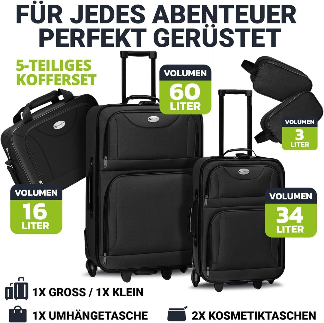 Juskys Trolley Reisekoffer Set 5 teilig - 60 Liter, 2 Rollen, Weichschale, wasserabweisend Stoff, le