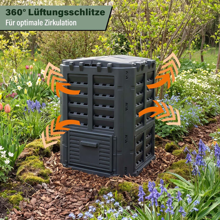 Thermokomposter 360L Garten Komposter mit Deckel Schwarz | 360 L Thermokomposter aus wetterfestem Ku