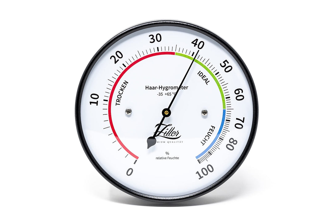 ZILLER Haar-Hygrometer, Serie Modern, Gehäuse Schwarz, Ziffernblatt Weiss, Durchmesser 10cm, Made in