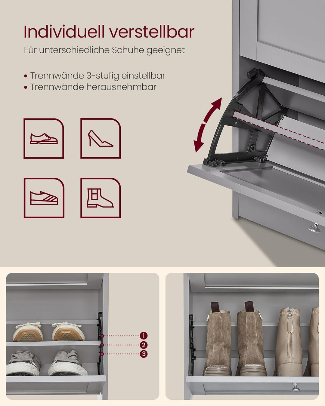 VASAGLE Schuhschrank 3 Klappen, Schuhkipper, Schuhregal, Schuhaufbewahrung, Oberplatte, Trennwand ve