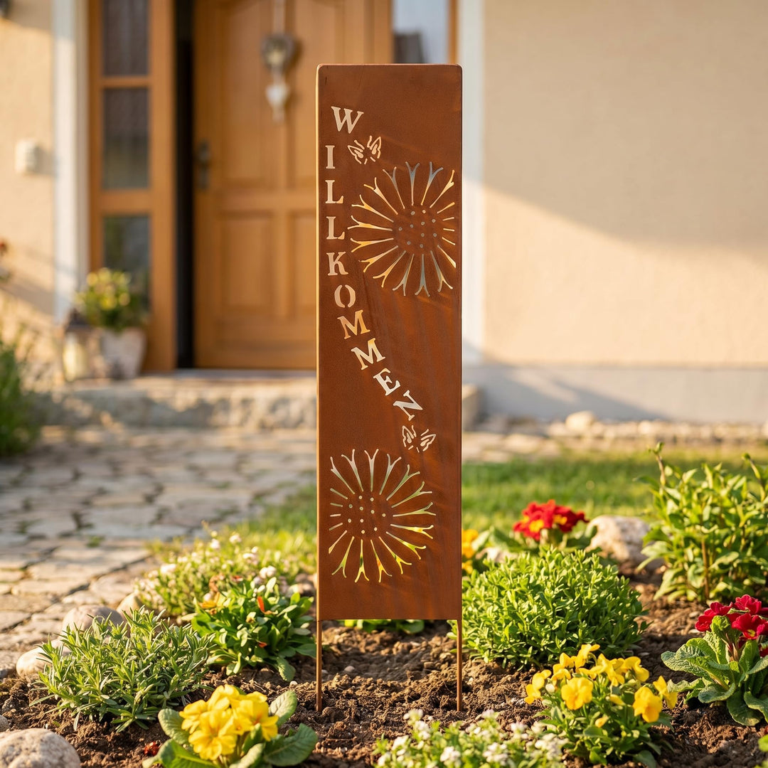 levandeo Stele Willkommen Garten-Deko 20x100cm Eisen Rost Rostdeko Braun Gartenstecker Gartenstele E