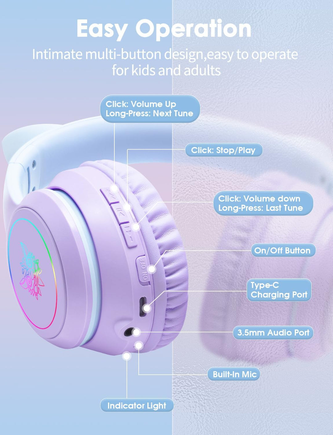 Bluetooth-Kopfhörer mit LED-Katzenohren – Kabelloses Over-Ear Headset mit Mikrofon, Hi-Fi Stereo-Sou