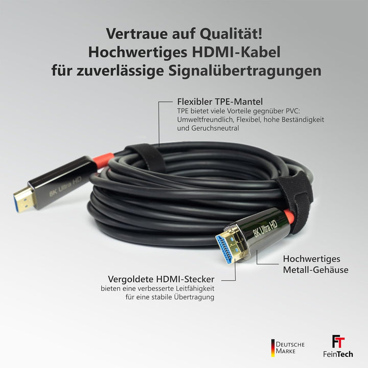 FeinTech 8K HDMI Glasfaserkabel 20m, 4K 120Hz, 1440p 144Hz für HDMI 2.1 Gaming, HDMI Kabel PS5 Xbox