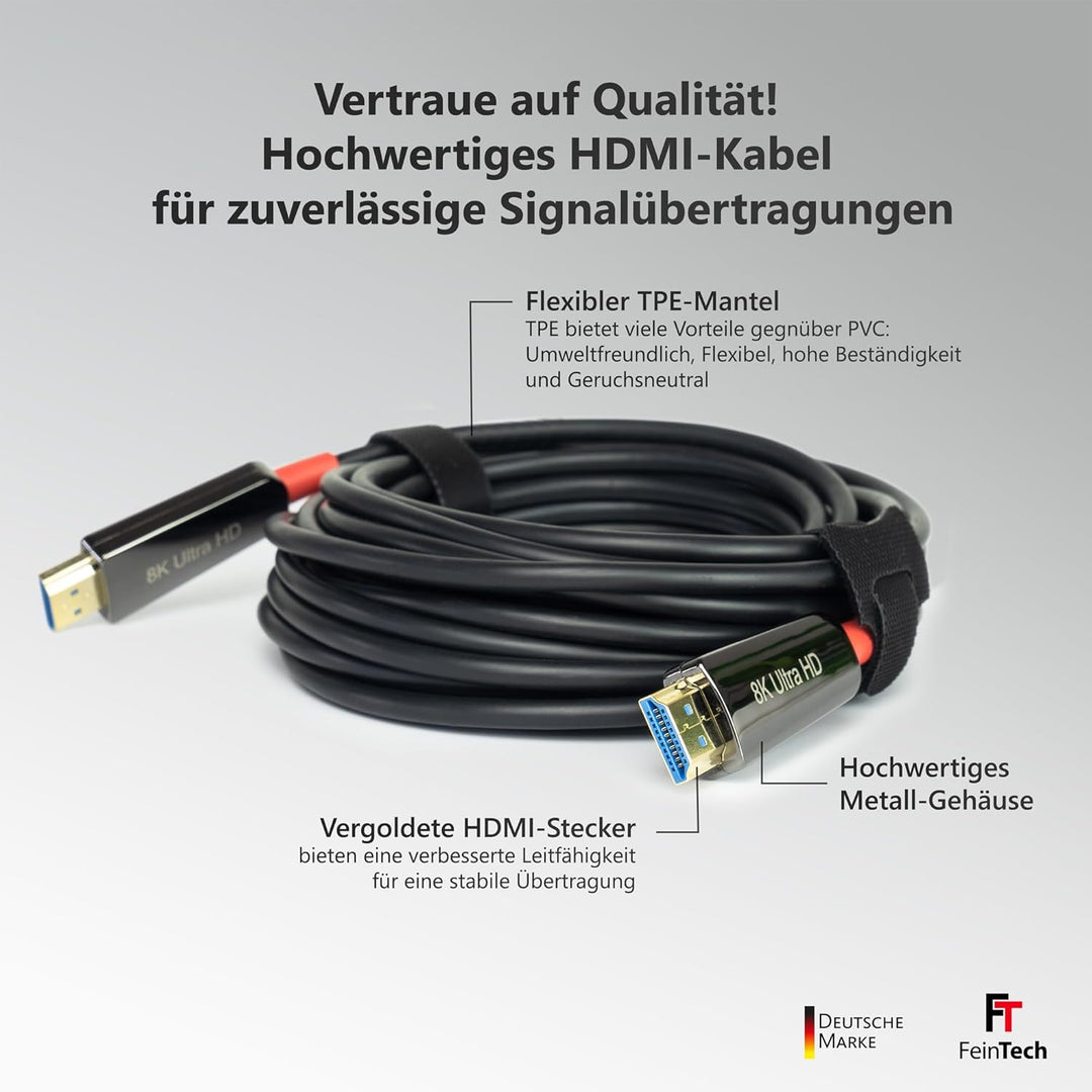 FeinTech 8K HDMI Glasfaserkabel 15m, 4K 120Hz, 1440p 144Hz für HDMI 2.1 Gaming, HDMI Kabel PS5 Xbox
