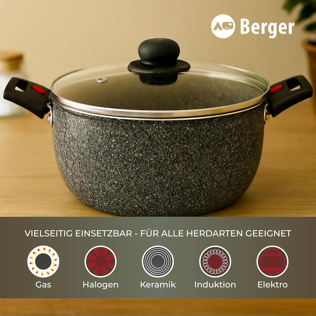 BERGER Aluminium Kochtopf mit Glasdeckel | 20 oder 24 cm | Abnehmbare Griffe | Camping Topf Induktio