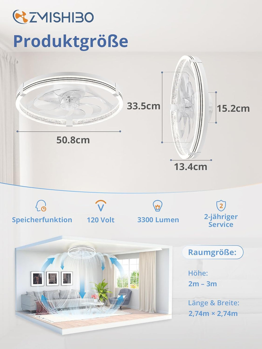 ZMISHIBO Deckenventilator mit Beleuchtung, dimmbare LED 3000K-7000K, 6 Geschwindigkeiten, Umkehrfunk