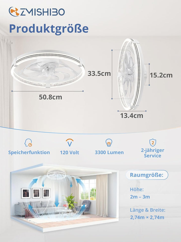 ZMISHIBO Deckenventilator mit Beleuchtung, dimmbare LED 3000K-7000K, 6 Geschwindigkeiten, Umkehrfunk