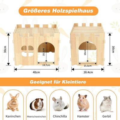 FHTONGE Grosse Kaninchenhaus, Hasen Spielhaus zum Verstecken Holz Häuschen für Kaninchen, Kaninchens