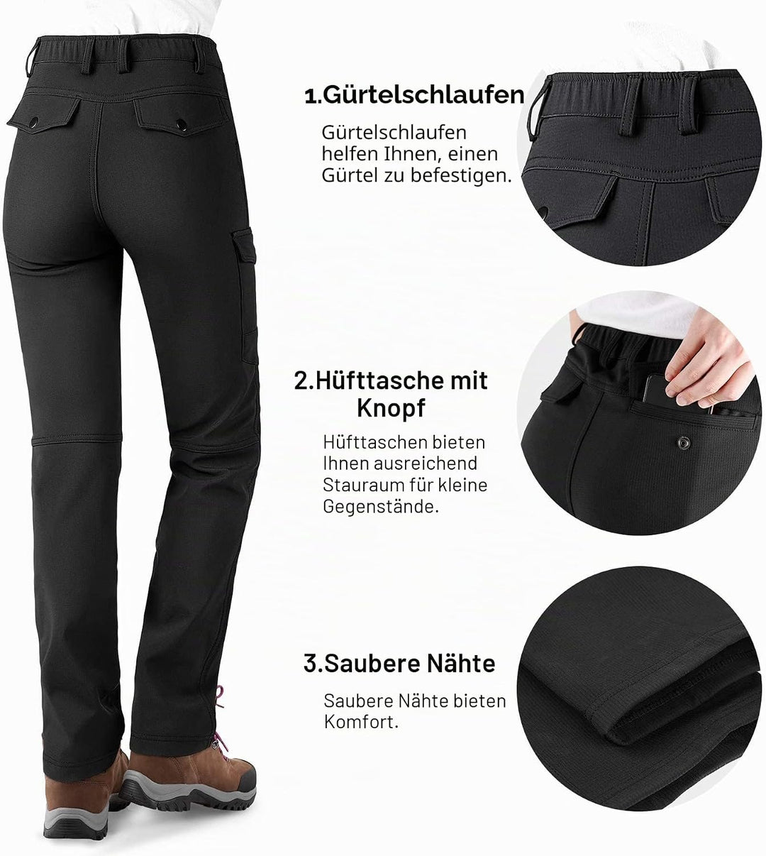 KUTOOK Wanderhose Damen Winter Gefüttert Warm Wasserabweisend Winddicht Outdoorhose 6 Taschen YKK Re
