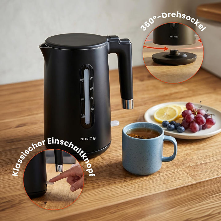 Wasserkocher 1,5L 2200W Double Wall Cool-Touch Edelstahl 304, BPA-frei, mit Wasserstandsanzeige, 360