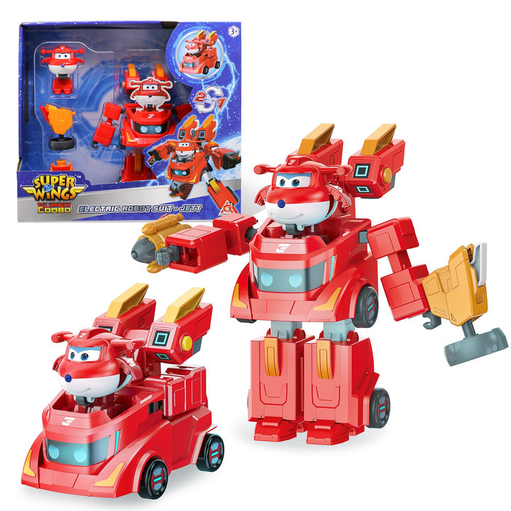 Super Wings Verwandlungsfähiges Spielzeug Roboter Jett, 17 cm gross, 2-in-1 Verwandlungsroboter und
