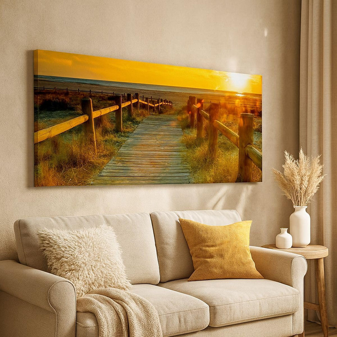 Wandbilder Dekoration Wohnzimmer Fussgängerbrücke Strand Urlaub Sonne Bilder auf Leinwand 120x50cm L