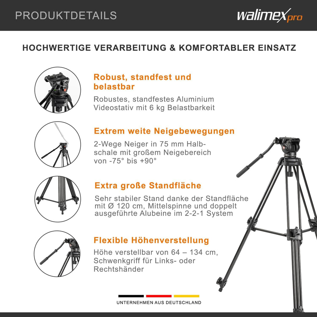 Walimex Pro EI-9901 Video-Pro-Stativ (max. Höhe 138 cm, Videoneiger, Mittelspinne, Belastbarkeit 6 k