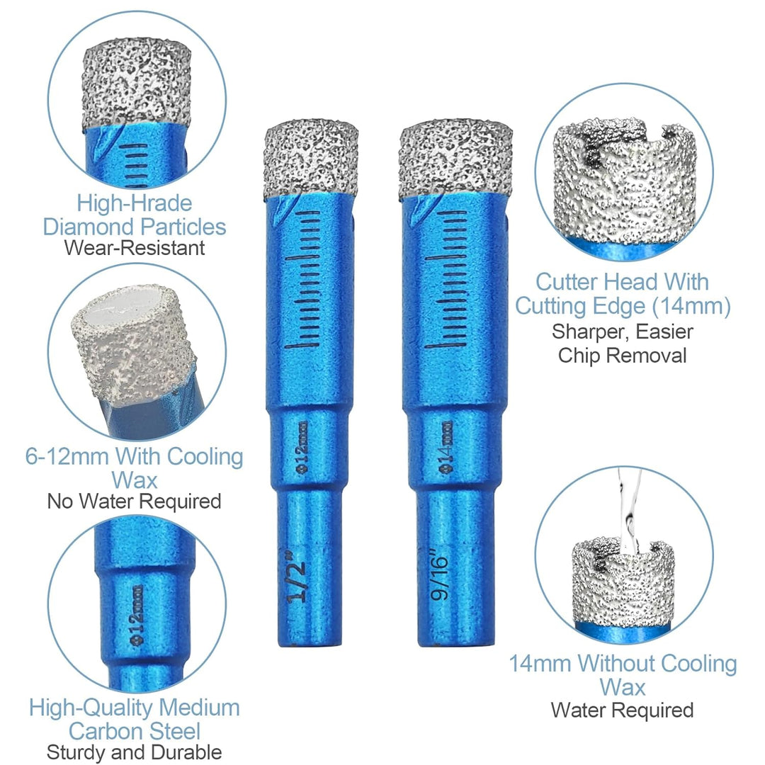 6 Stück Fliesenbohrer Diamantbohrer Glasbohrer Set, 6, 8, 10, 12, 14 mm Keramikbohrer und 6 mm Karbi