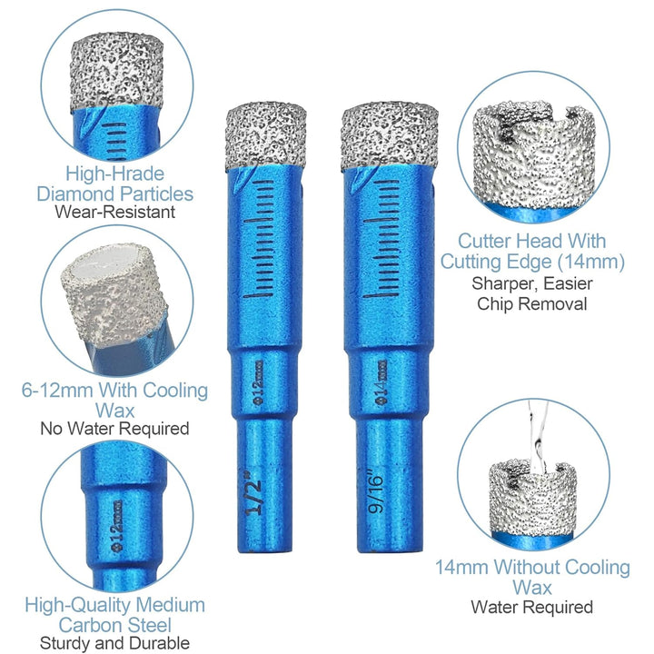 6 Stück Fliesenbohrer Diamantbohrer Glasbohrer Set, 6, 8, 10, 12, 14 mm Keramikbohrer und 6 mm Karbi