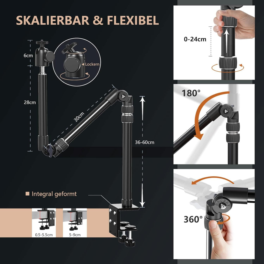 【Ganz aus Metall】RAUBAY Desktop Magic Arm, Overhead-Kamera-Tischhalterung, Tischleuchtenstativ mit 1