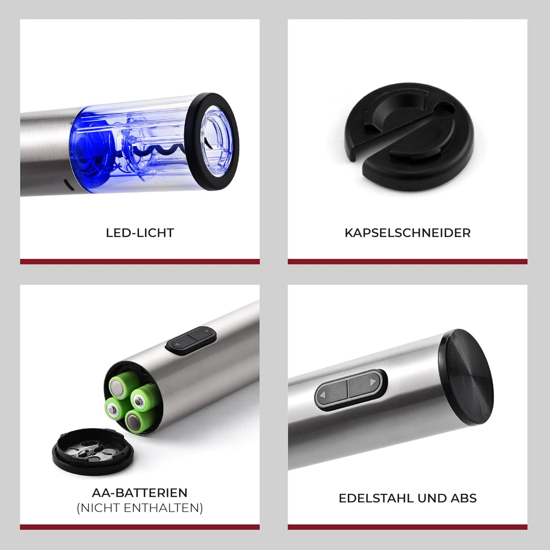 VINAK Elektrischer Korkenzieher aus Edelstahl, mit Folienschneider und Teflon-Spirale, elektrischer
