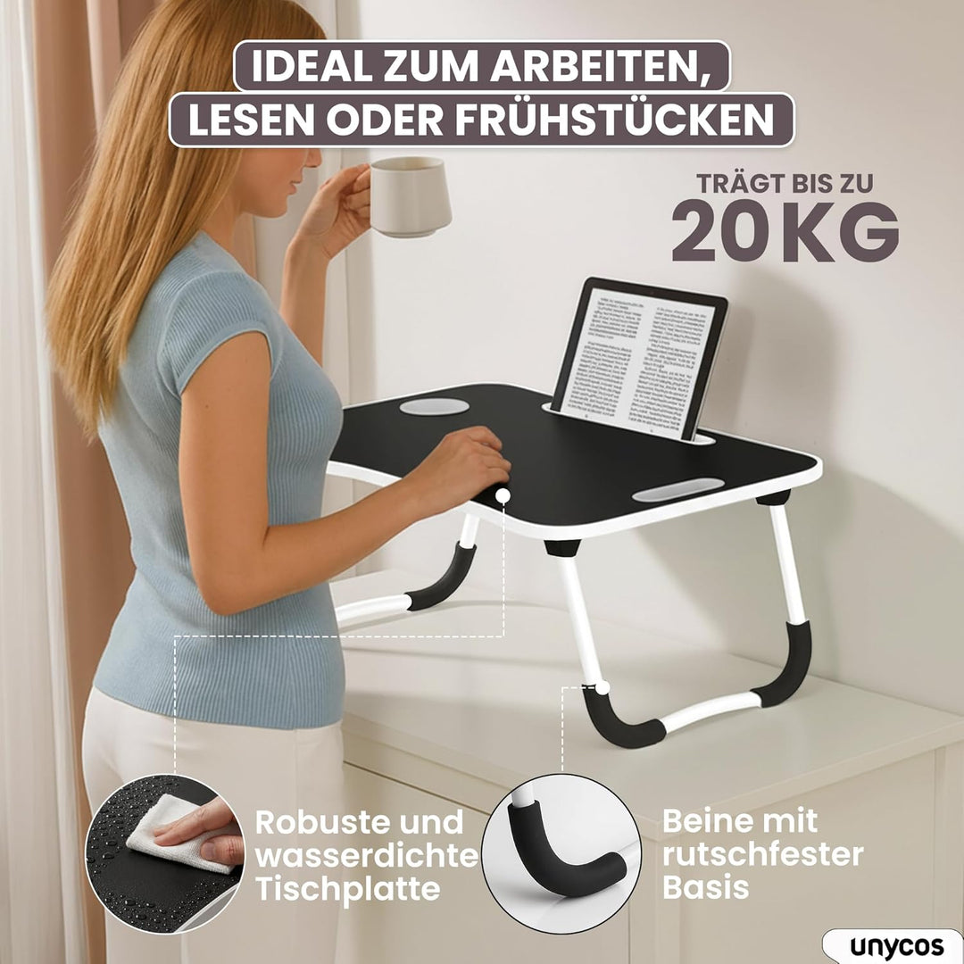 unycos - Klappbarer Laptoptisch, Betttablett, Leseständer, Computertisch, Frühstückstablett, Beistel