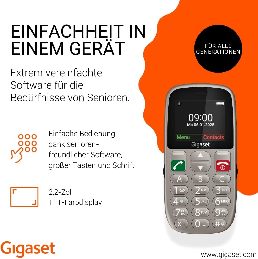Gigaset GL395 Mobiltelefon – einfache Bedienung für Senioren, grosse Tasten & SOS-Notruftaste – Stau