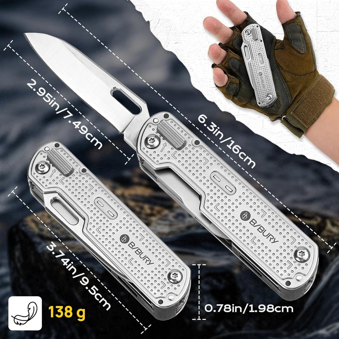 BIBURY Geschenke für Männer, Multitool EDC Taschenmesser, Survival Messer Edelstahl, Messer Outdoor,