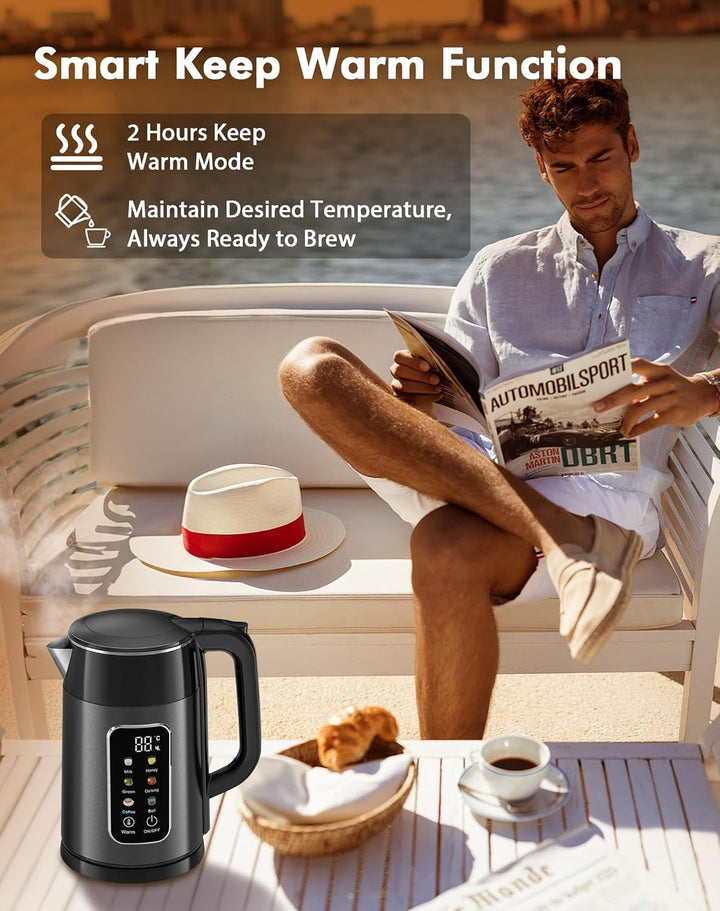 Wasserkocher mit Temperatureinstellung, 1,7L 2200W Elektrisch Edelstahl Wasserkocher mit 6 Temperatu
