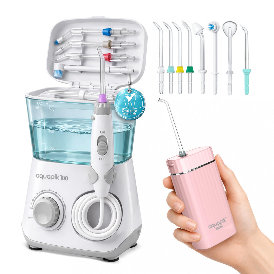 Aquapik® DUO Munddusche Aquapik® 100 Desktop + Aquapik® Mini, tragbar, von Zahnärzten empfohlen + Pl