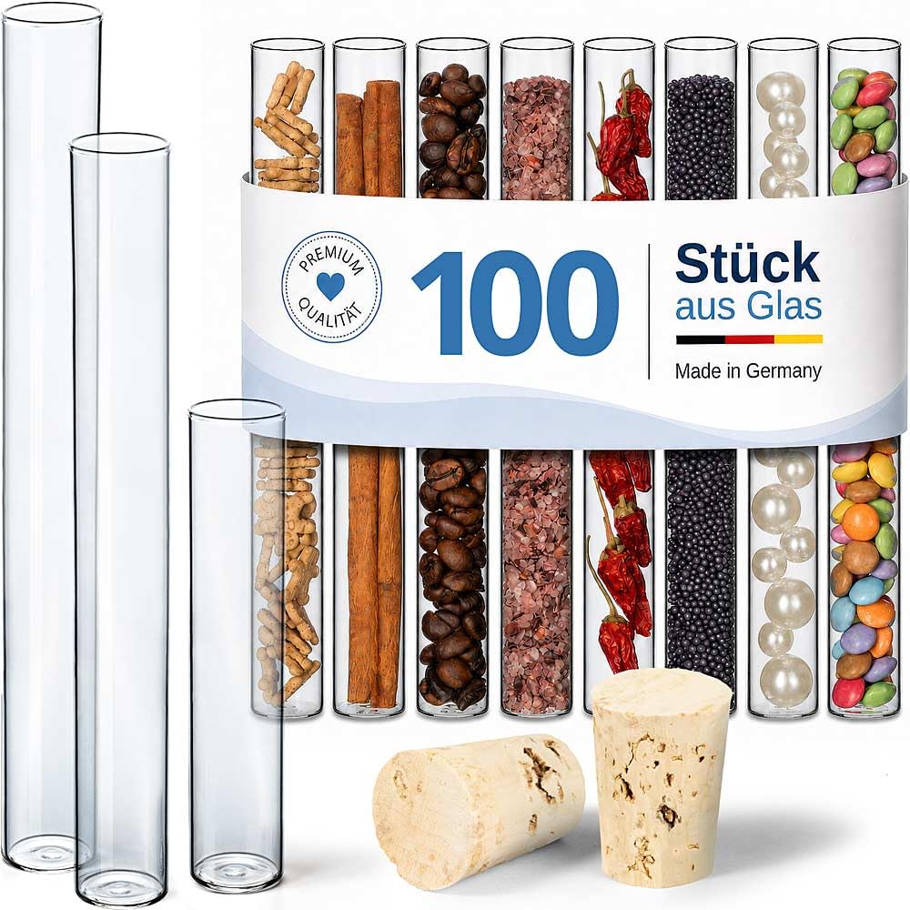 Tuuters 100 Stück Glas Reagenzgläser mit Korken (100 x Ø 20mm) Flachboden | 40ml Reagenzglas mit Nat