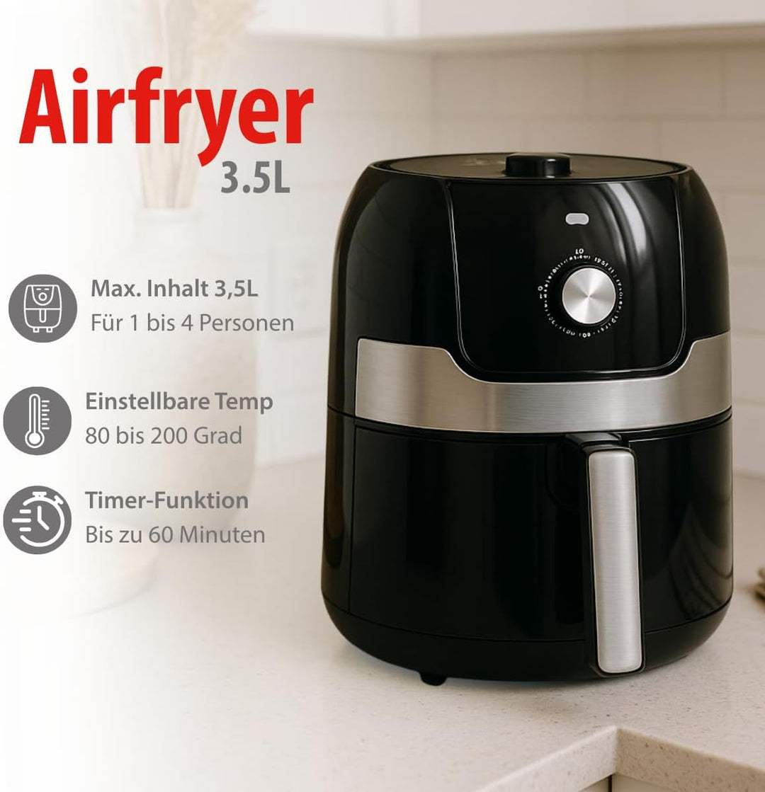 alpina Airfryer 3,5L - Heissluftfritteuse 1400W - Temperatur Einstellbar von 80 bis 200 °C - für 3 b