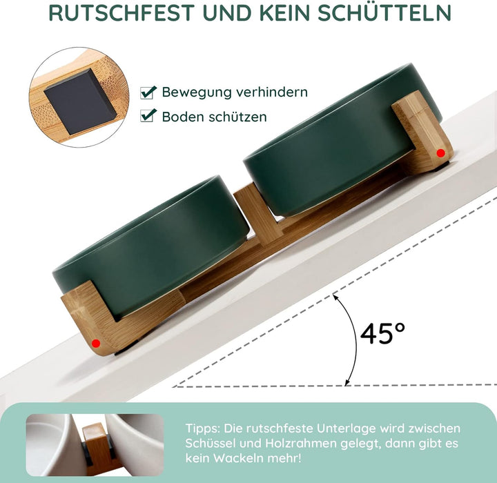SPUNKYJUNKY Hundenapf Keramik Doppel Hund Futternapf mit Bambus Ständer für Katzen und Hunde (400ml,
