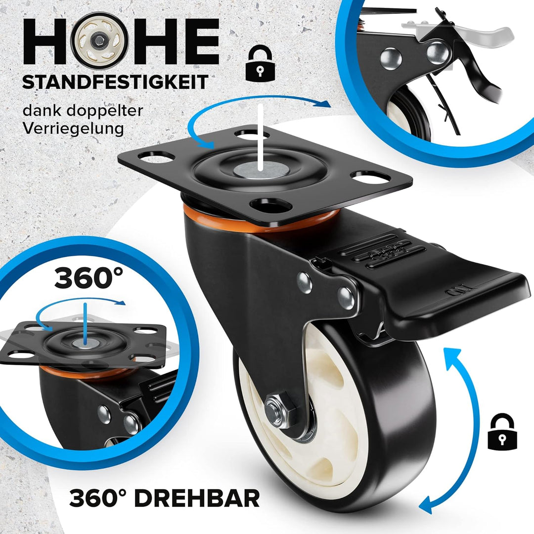 PEARWAY™ Premium Lenkrollen 100mm mit Bremse [4x gesamt 600kg] inkl. Montagezubehör I Robuste Transp