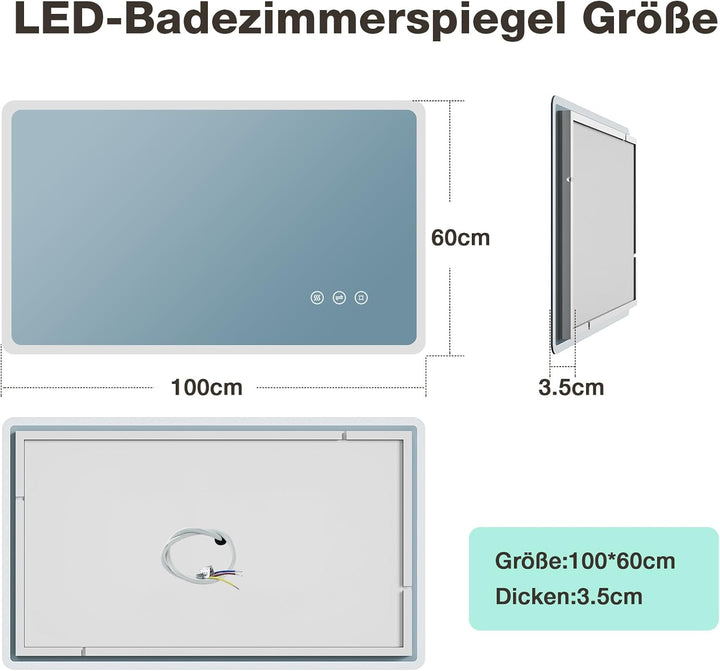 Badspiegel mit Beleuchtung 100x60 cm, Rechteckig, Touch-Schalter, Dimmbar, 3 Lichtfarbe Einstellbare