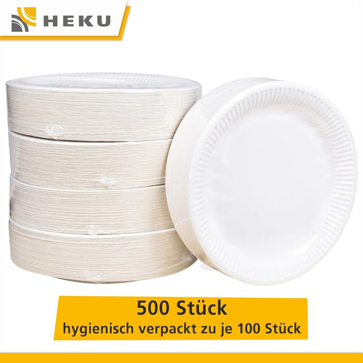 HEKU grosse Pappteller Ø 23cm, 500 Stück, weiss I 100% Kompostierbar I Robustes 220g/m² Frischfaser