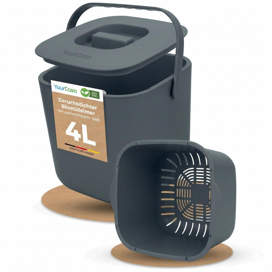YourCasa Biomülleimer Küche 4L - Komposteimer mit herausnehmbarem Sieb & Deckel - geruchsdicht, spül
