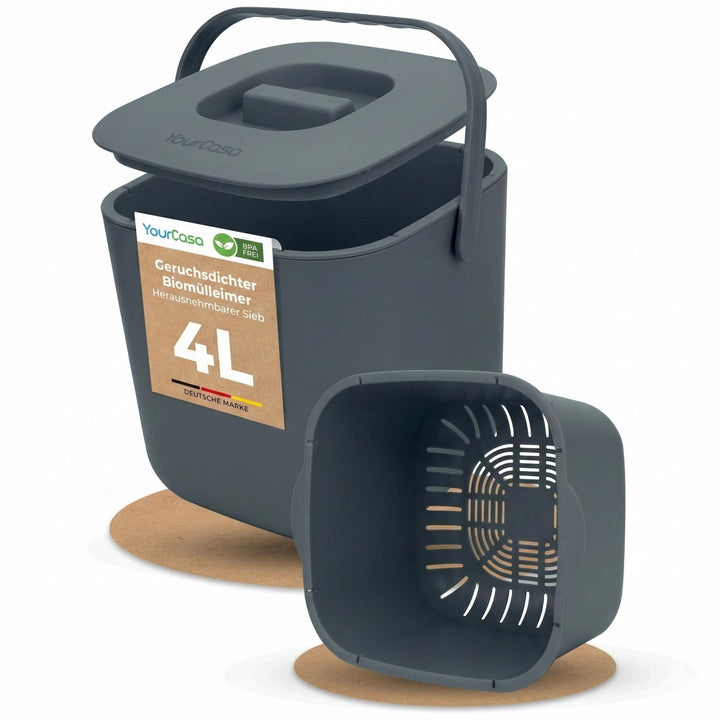 YourCasa Biomülleimer Küche 4L - Komposteimer mit herausnehmbarem Sieb & Deckel - geruchsdicht, spül