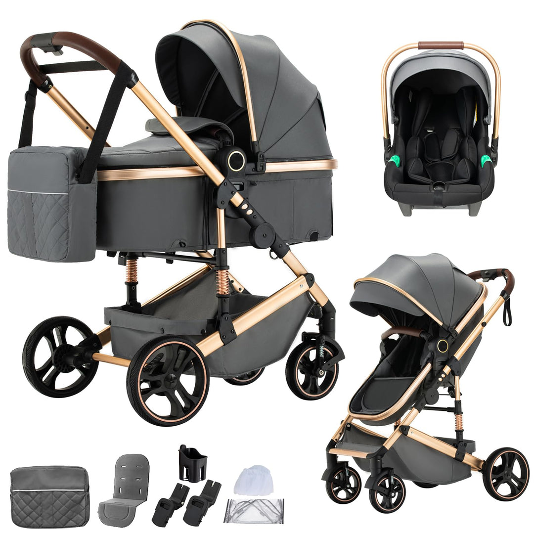BEBBY Kinderwagen 3 in 1,Kinderwagen Buggy Mit Babyschale,Mit Höhenverstellbarer buggy Komplettset F