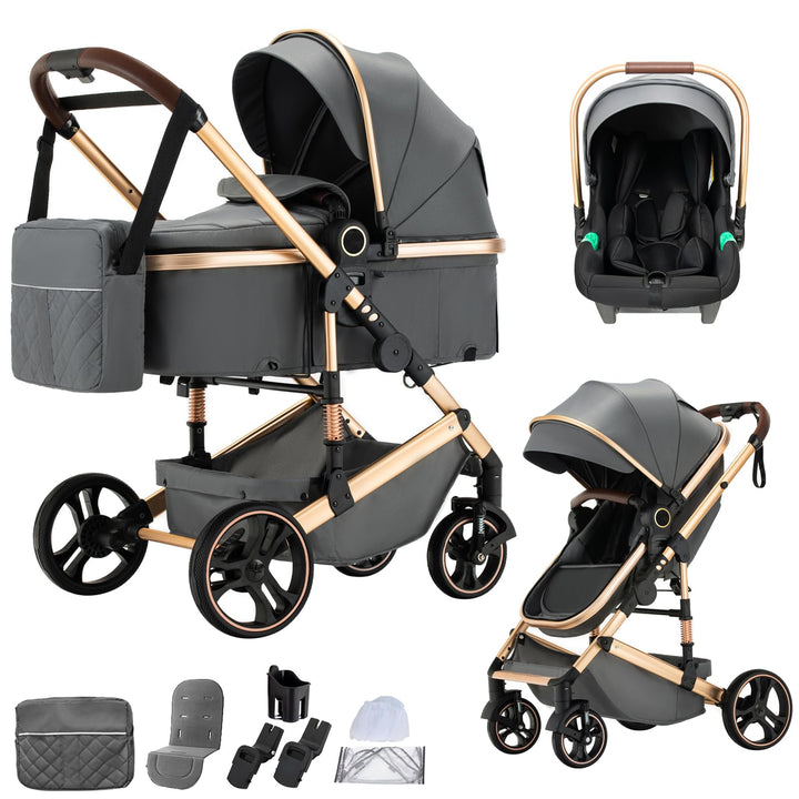 BEBBY Kinderwagen 3 in 1,Kinderwagen Buggy Mit Babyschale,Mit Höhenverstellbarer buggy Komplettset F