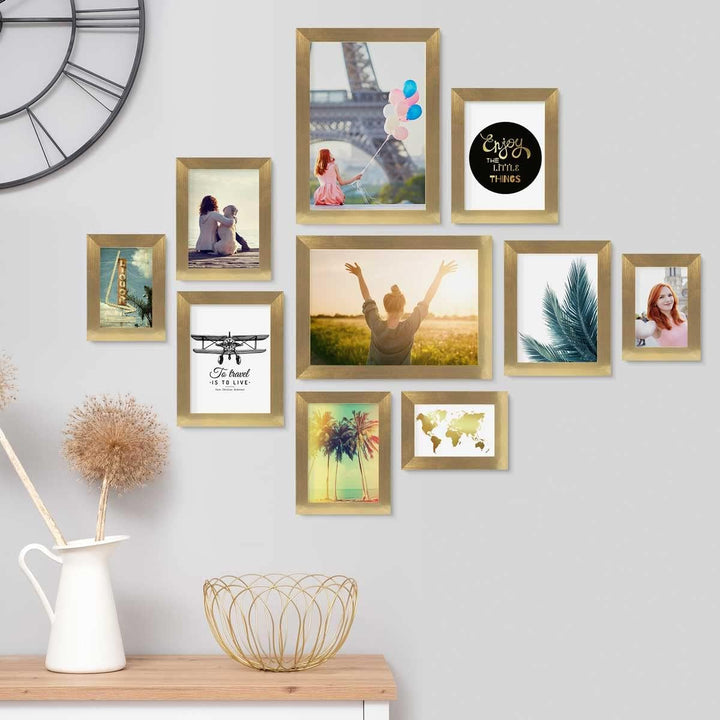PHOTOLINI Bilderrahmen Set Gold, Fotorahmen Holz MDF, 10er Bilderrahmenset Wand Collage, photo frame